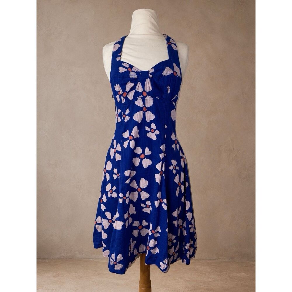 Free People Blue Midi Dress with Cream Floral Print